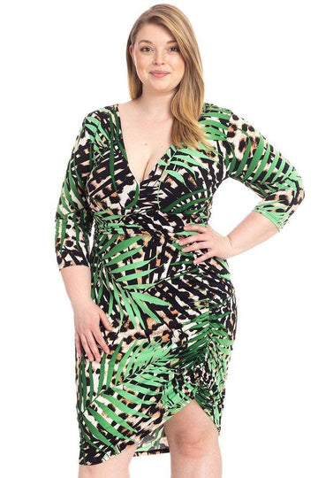 Plus Size Leopard Print With Tropical Leaf Print Bodycon Dress - Fashion Quality Boutik