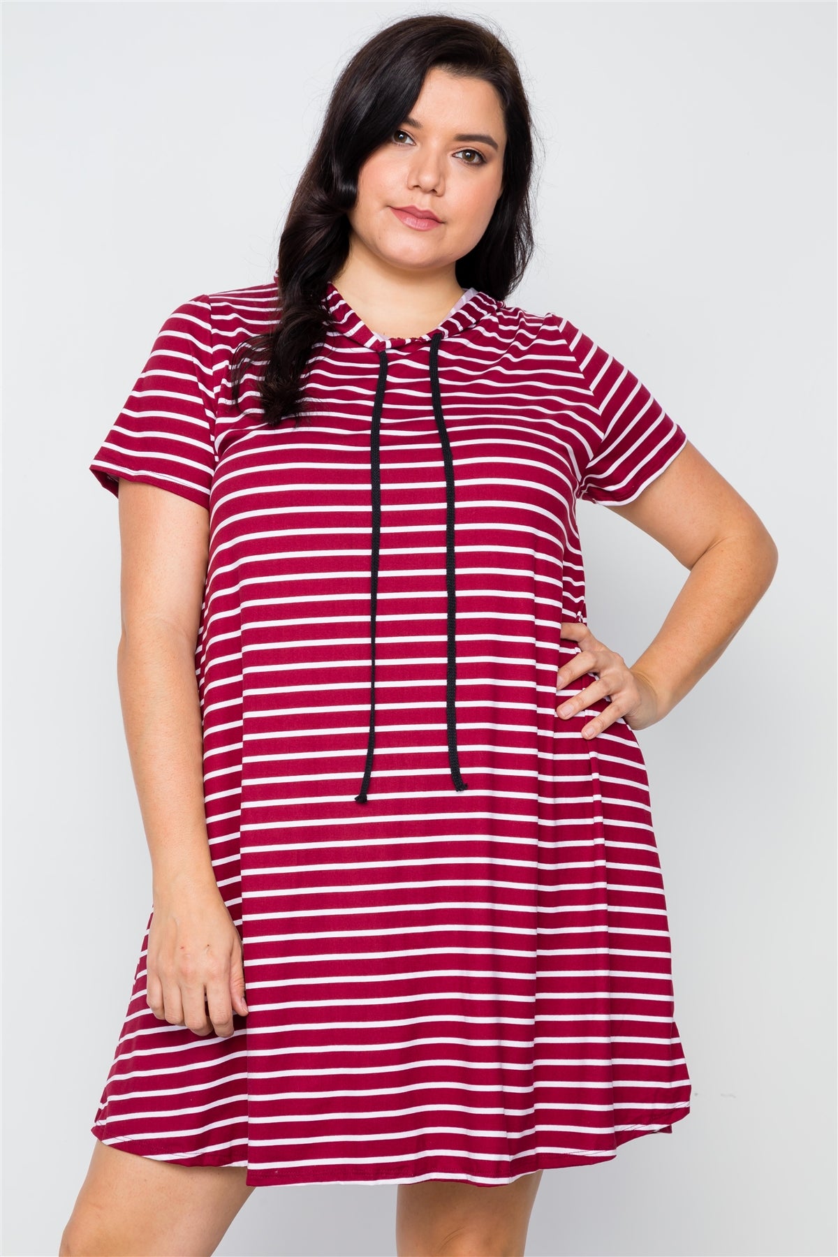 Plus Size Burgundy Stripe Short Sleeve Hooded Shirt Mini Dress - Fashion Quality Boutik