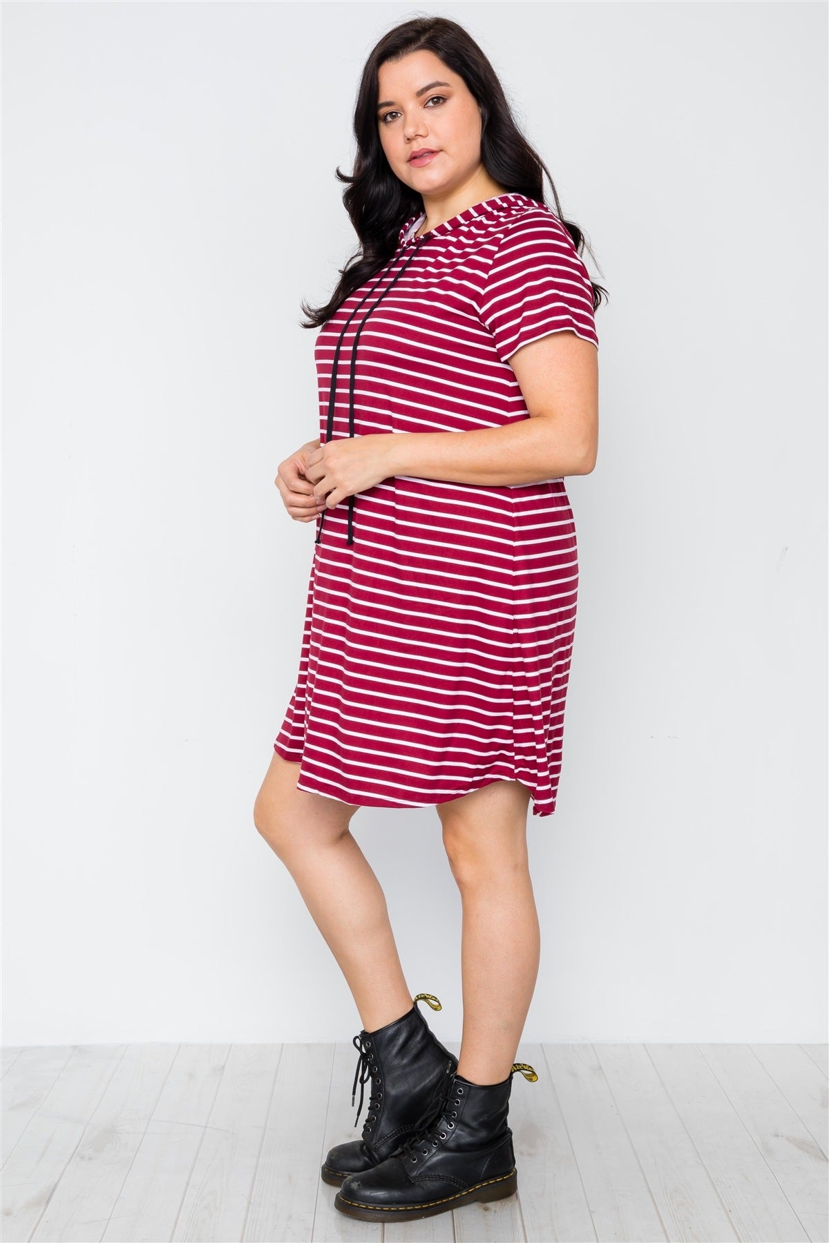 Plus Size Burgundy Stripe Short Sleeve Hooded Shirt Mini Dress - Fashion Quality Boutik