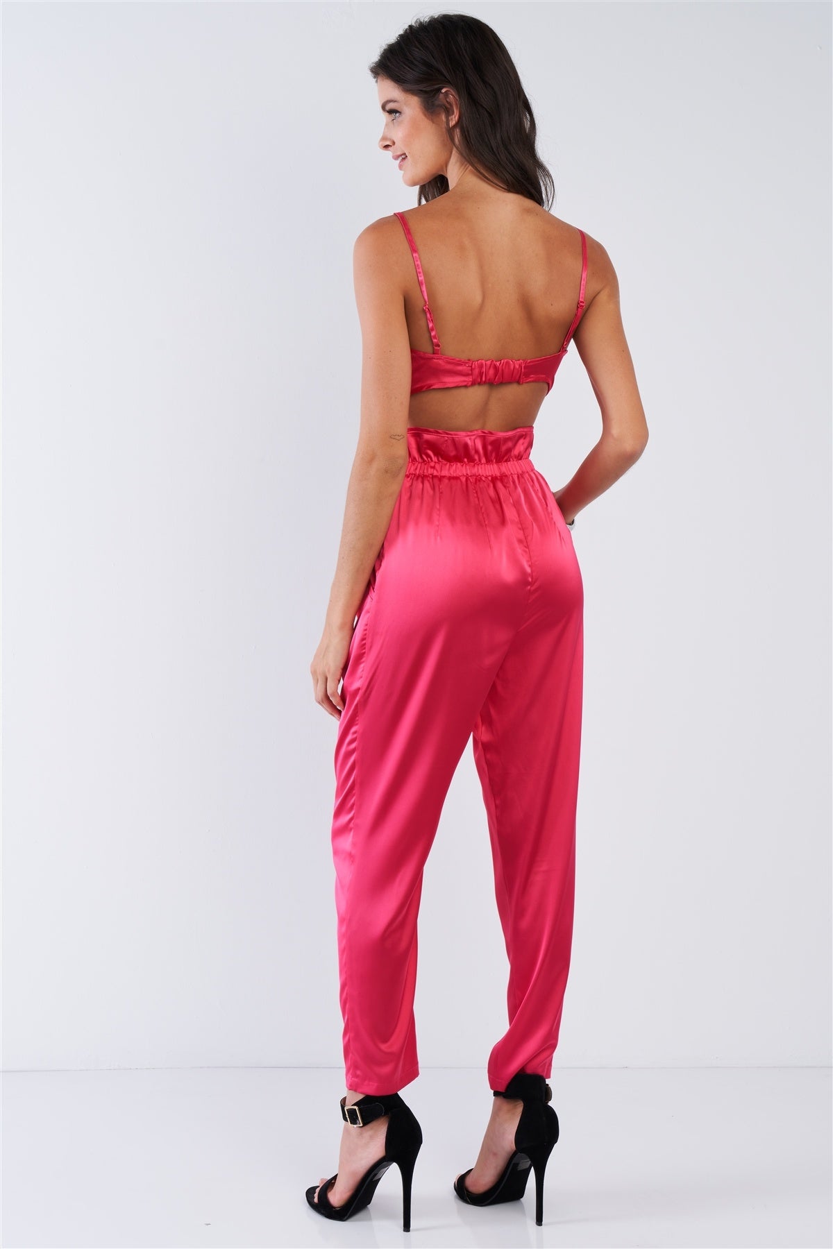 Fuchsia Pink Satin Buckle Hardware Crop Top High Waisted Tapered Pant Set - Fashion Quality Boutik