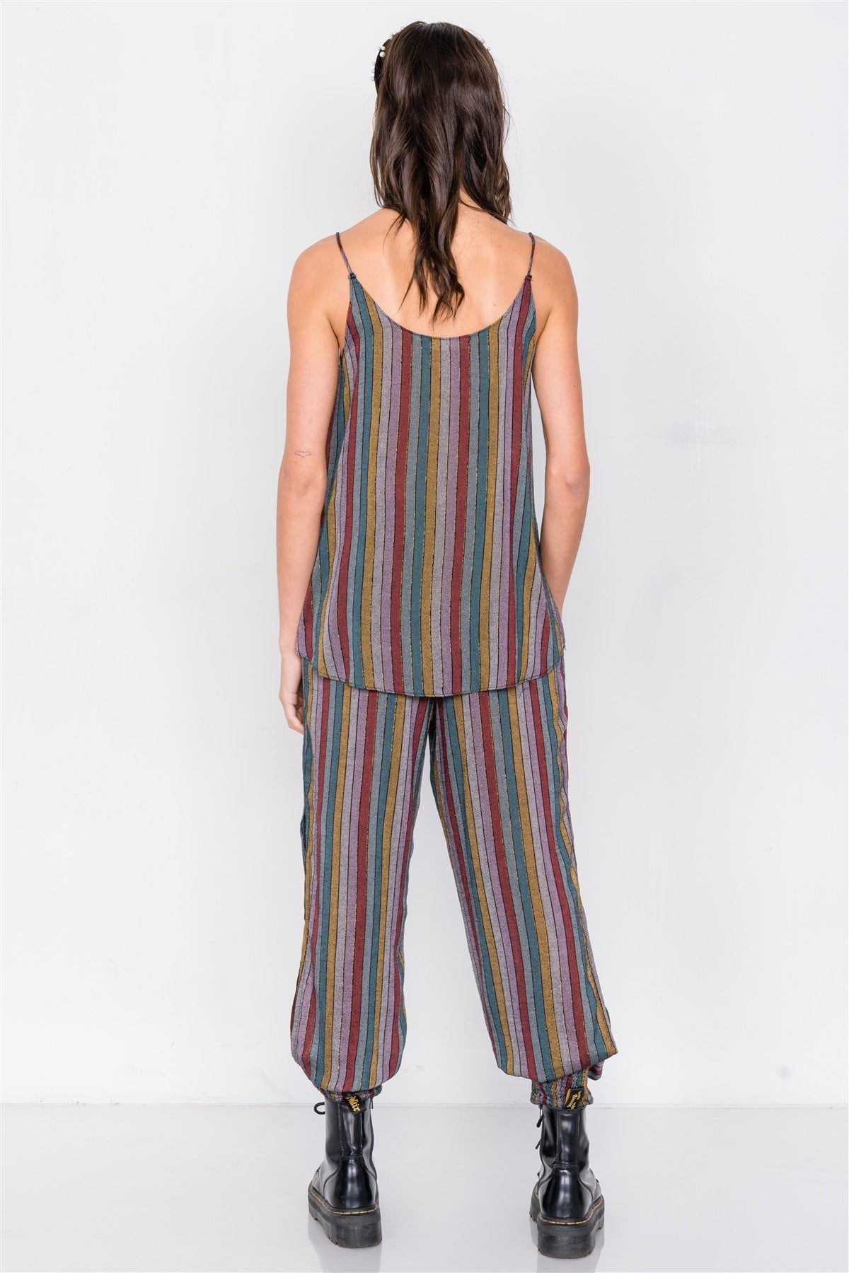 Multi Stripe Scoop Neck High-low Cami & Side Slit Harem Pant Set - Fashion Quality Boutik