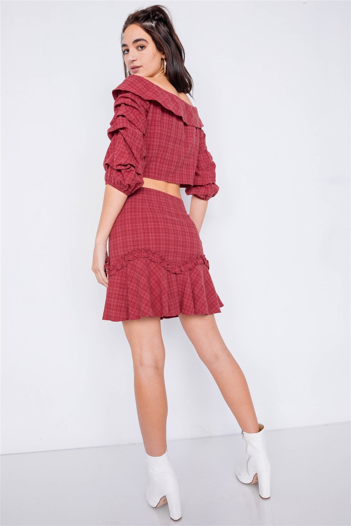 Raspberry Plaid Off-the Shoulder Retro Chic Crop Top & Mini Ruffle Skirt Set - Fashion Quality Boutik