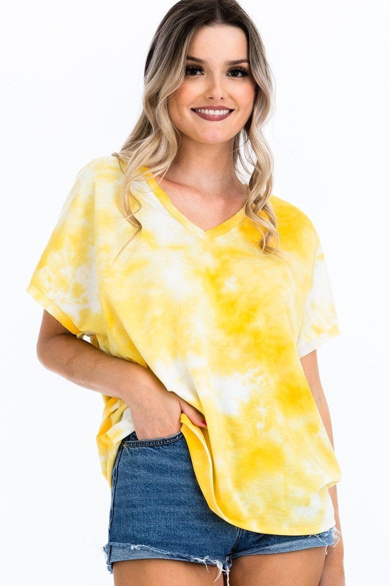 Tie-dye Top Featured In A V-neckline And Cuff Sort Sleeves - Fashion Quality Boutik