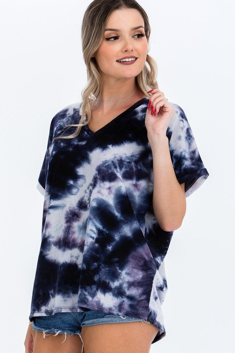 Tie-dye Top Featured In A V-neckline And Cuff Sort Sleeves - Fashion Quality Boutik