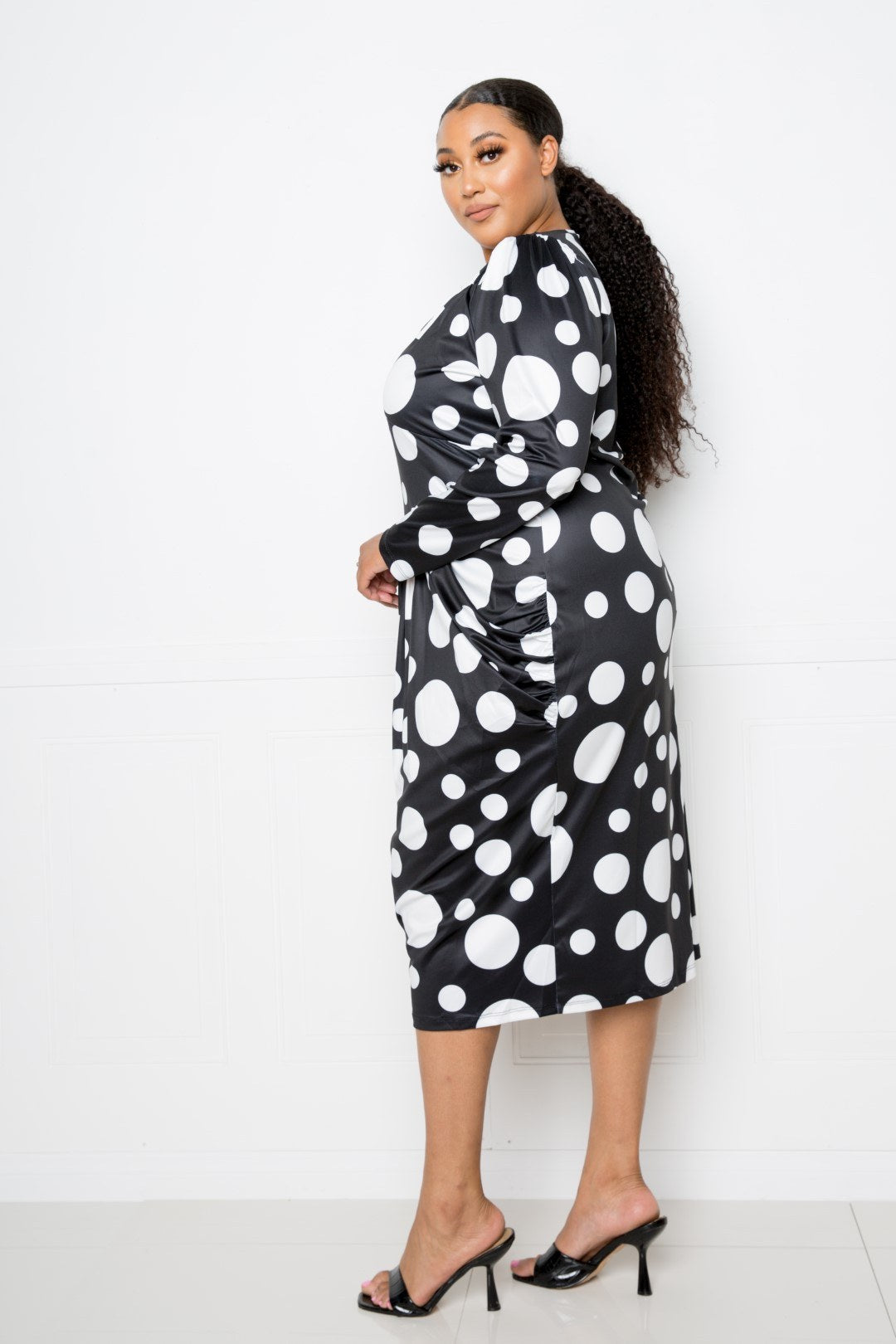 Polka Dot Drop Waist Ruched Midi Dress - Fashion Quality Boutik