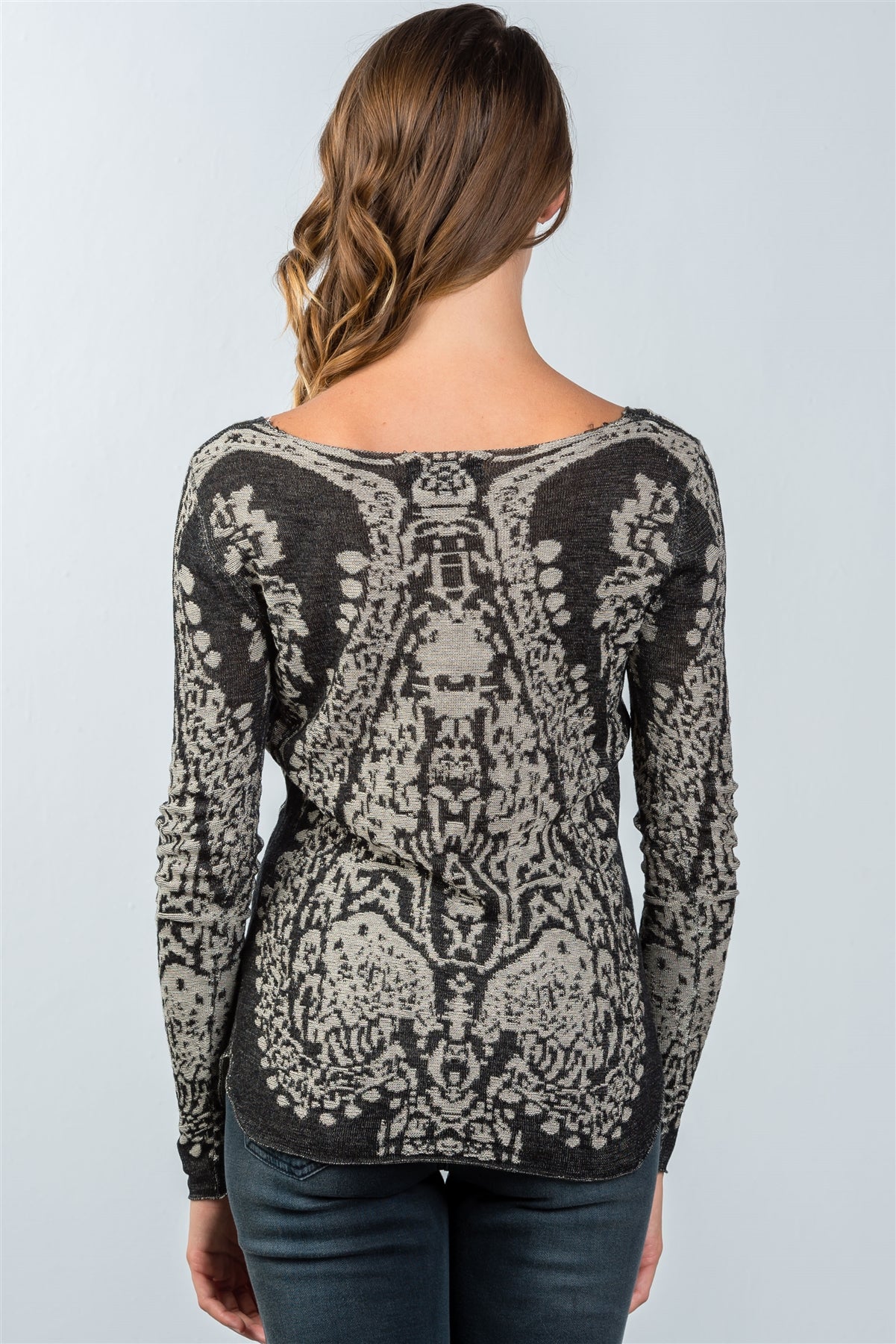 Grey Textured Print Dropped Shoulder Boho Sweatshirt - Fashion Quality Boutik