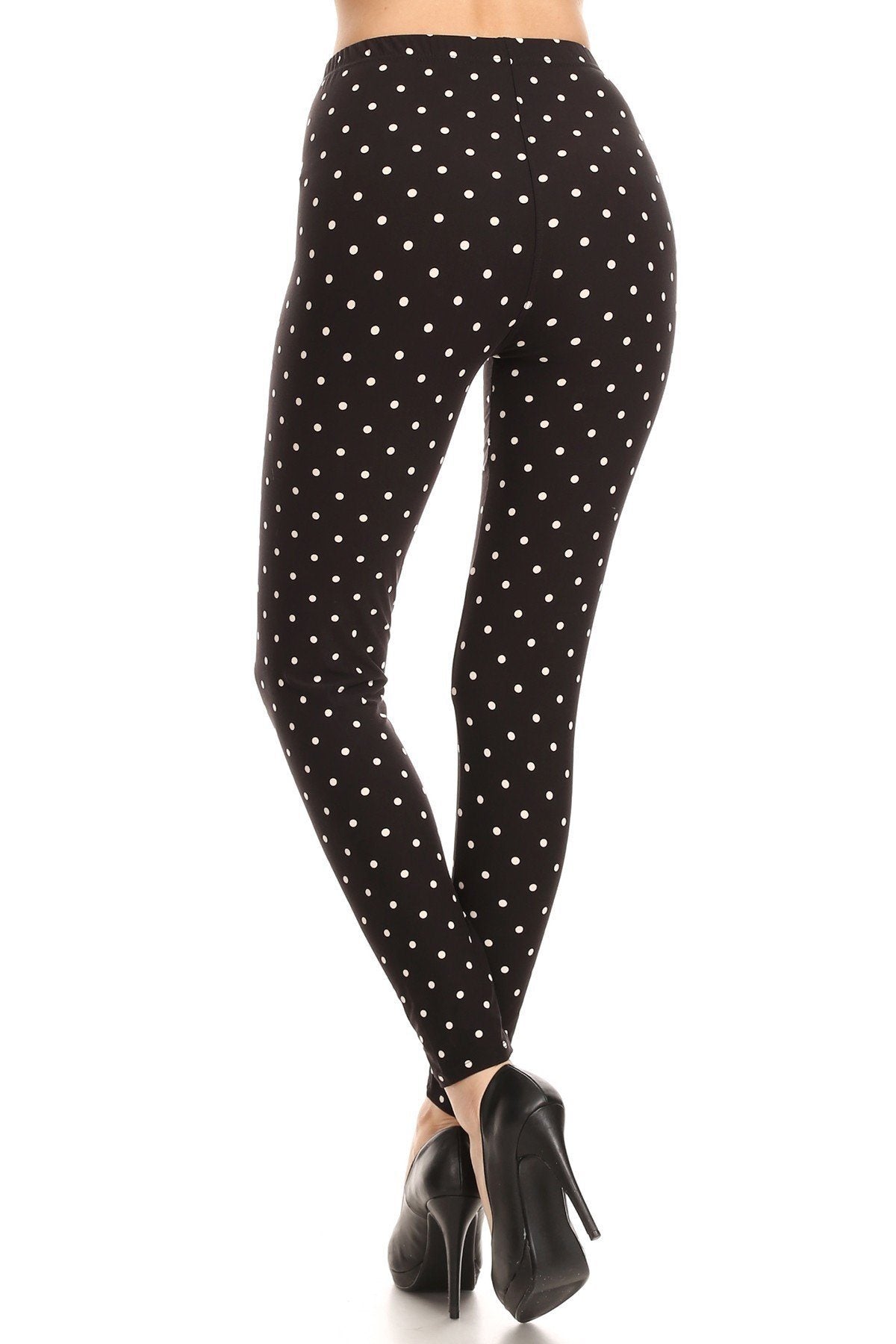 High Waisted Leggings With An Elastic Band In A White Polka Dot Print Over A Black Background - Fashion Quality Boutik