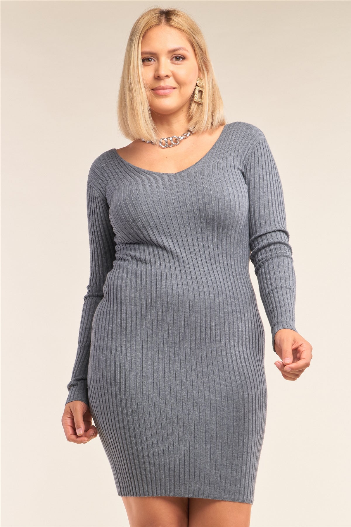Plus Size V-neck Long Sleeve Ribbed Sweater Bodycon Mini Dress - Fashion Quality Boutik