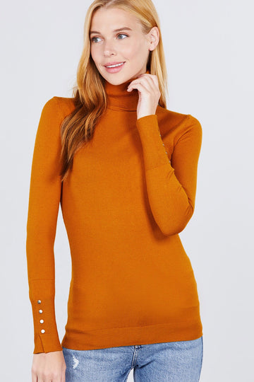 Long Sleeve With Metal Button Detail Turtle Neck Viscose Sweater - Fashion Quality Boutik
