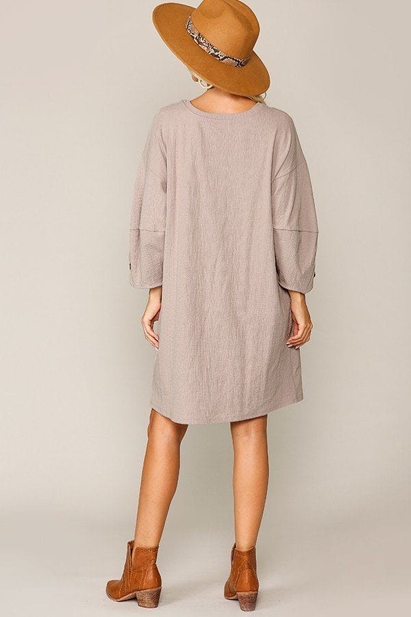 Textured Button Accent Puff Sleeve Side Pockets Shift Dress - Fashion Quality Boutik