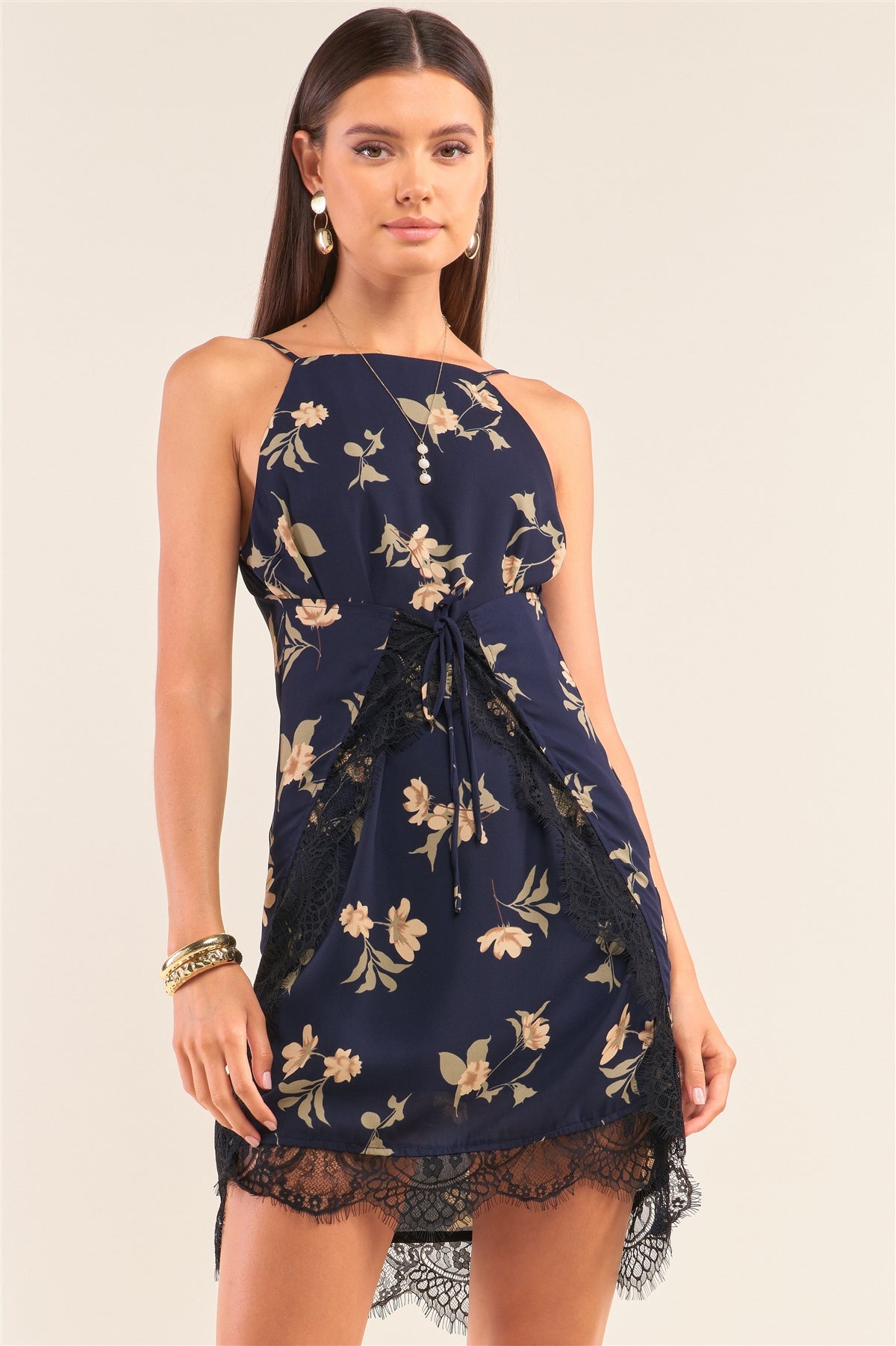 Navy Multi Floral Halter Neck Sleeveless Front Self-tie Lace Trim Slip Mini Dress - Fashion Quality Boutik