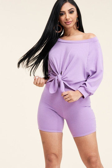 Solid French Terry Tie Front Off The Shoulder Slouchy Top And Shorts Two Piece Set - Fashion Quality Boutik
