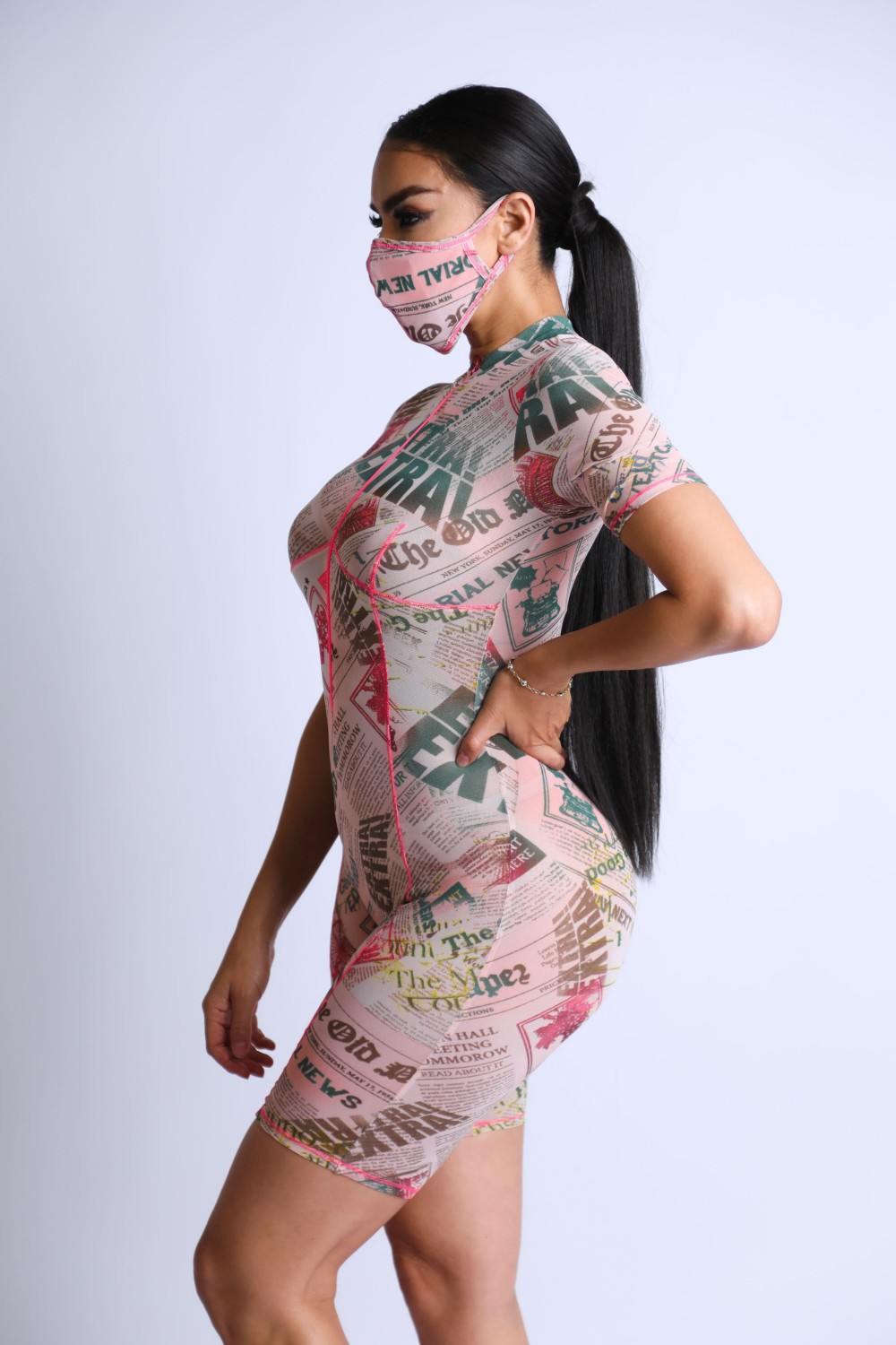 Printed Mesh Romper With Stitching Detail With Mask - Fashion Quality Boutik
