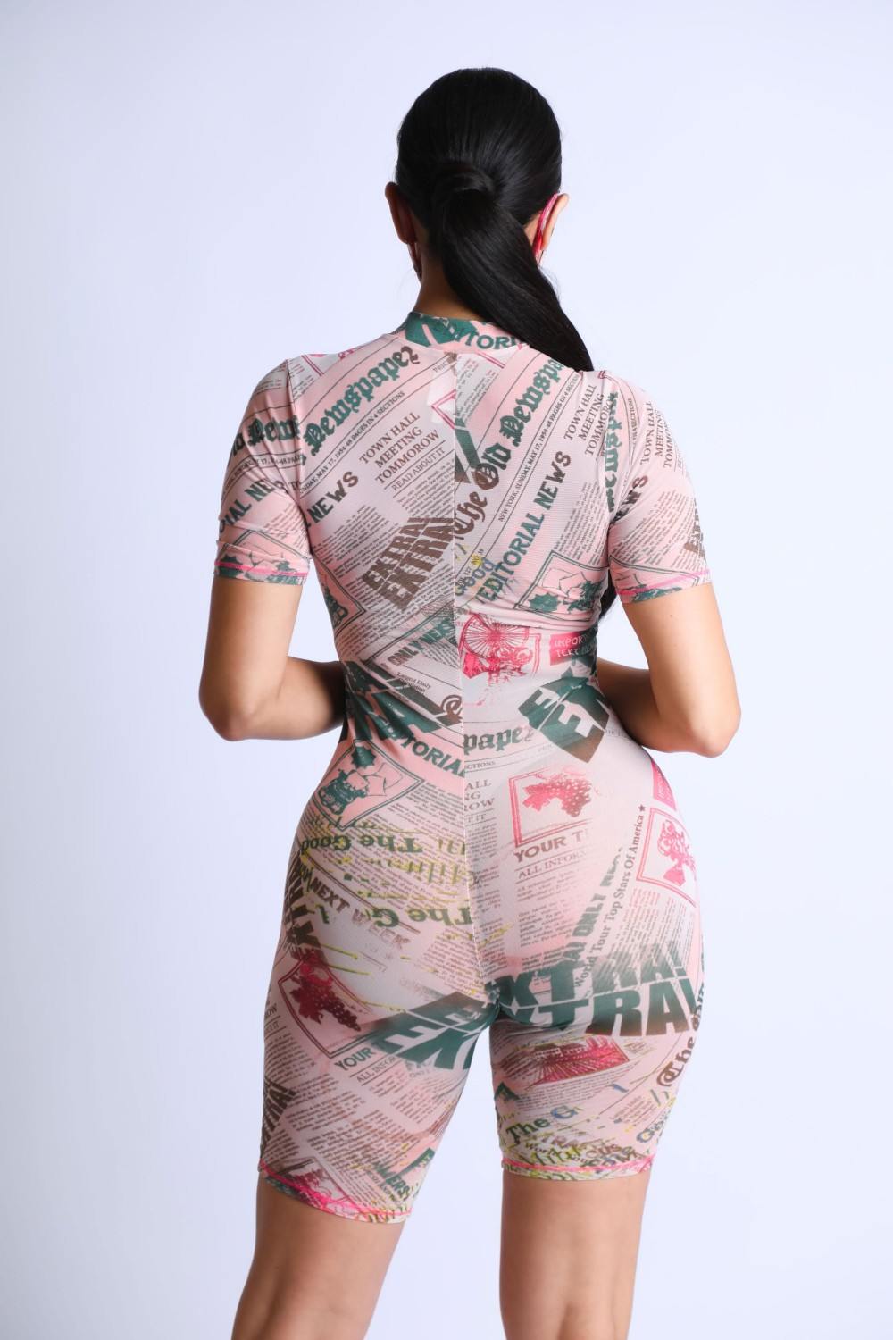Printed Mesh Romper With Stitching Detail With Mask - Fashion Quality Boutik
