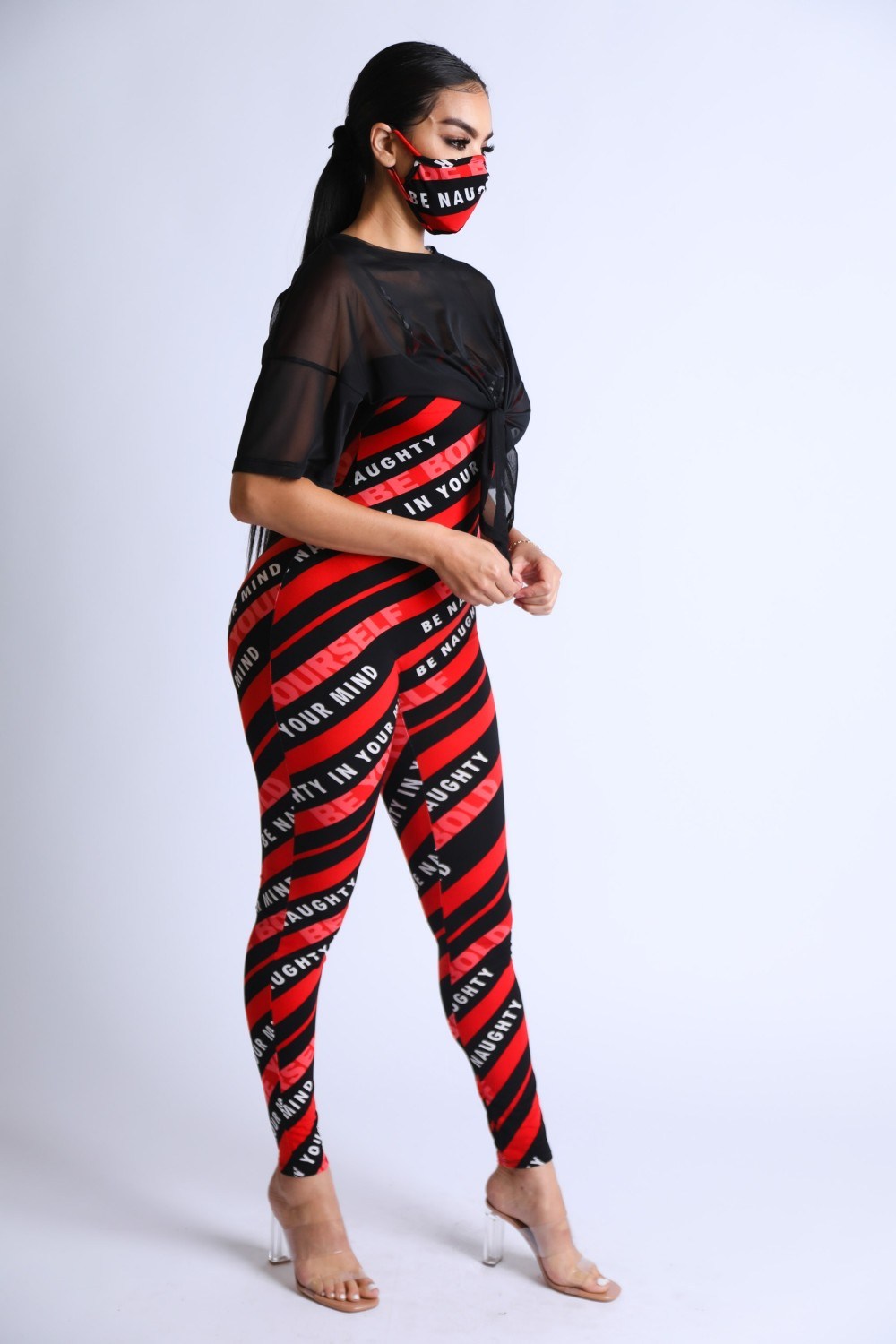 Diagonal Striped Jumpsuit With Mesh Set - Fashion Quality Boutik