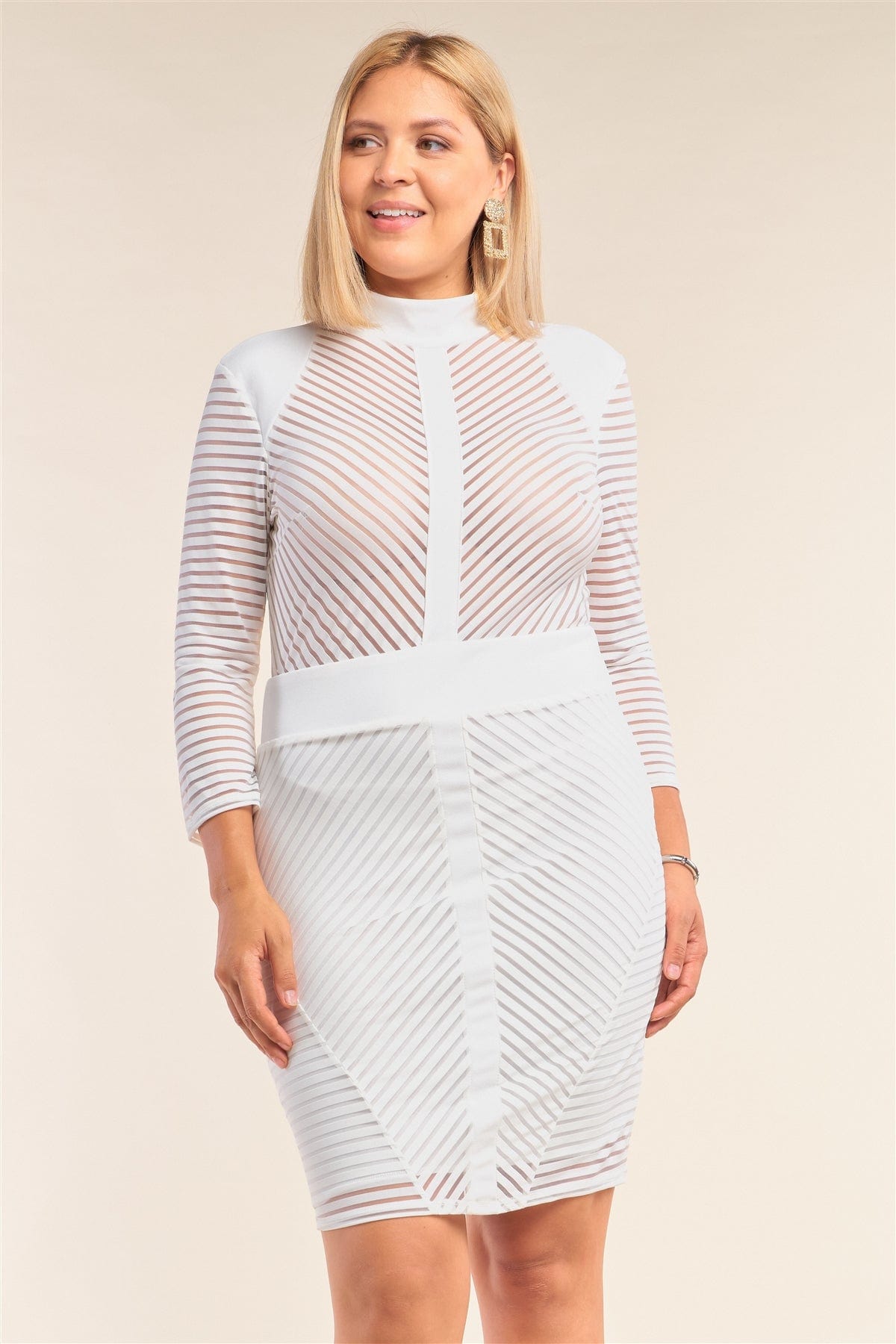 White Plus Size Long Sleeve Chevron Sheer Bodycon Mini Dress - Fashion Quality Boutik