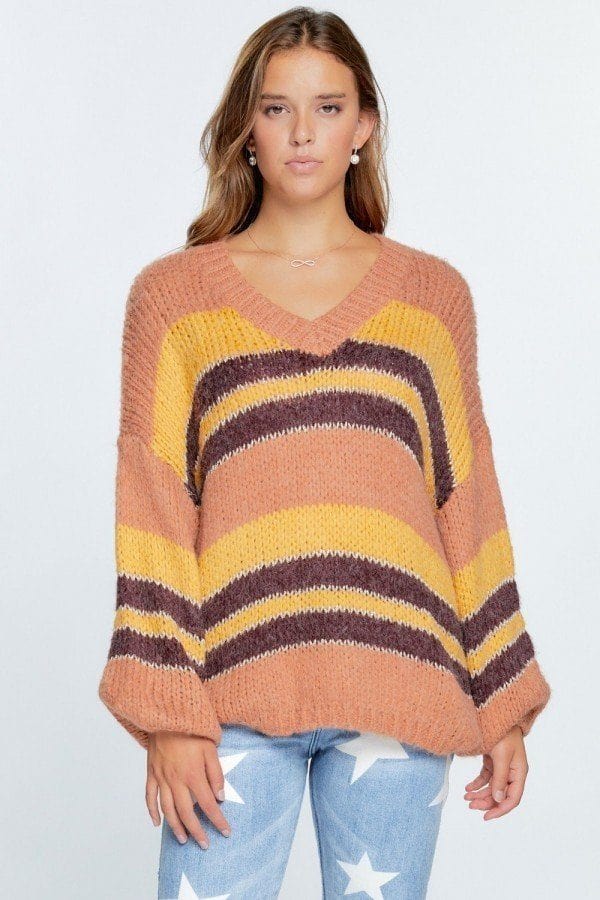 V-neck Cozy Thick Knit Stripe Pullover Sweater - Fashion Quality Boutik