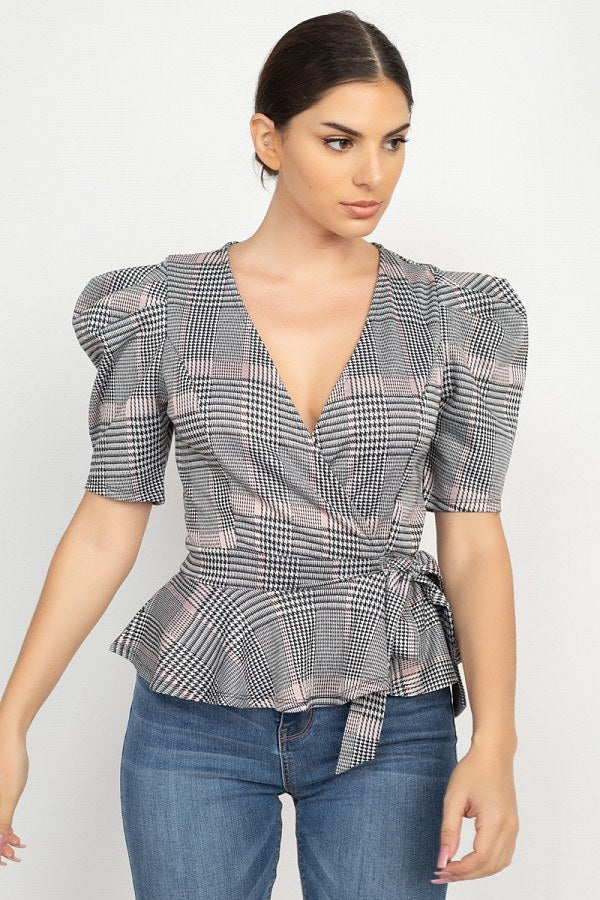 Plaid Front Wrap Puff Sleeve Top - Fashion Quality Boutik