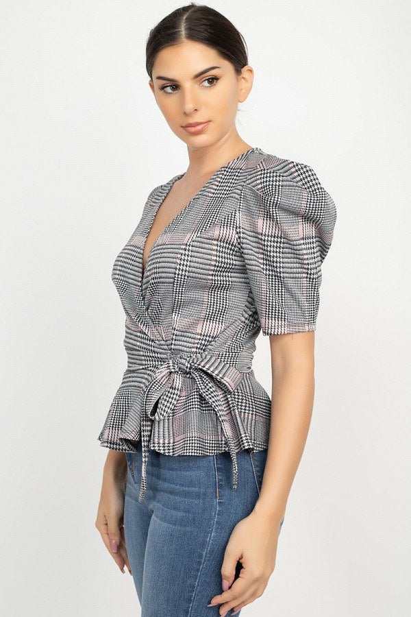 Plaid Front Wrap Puff Sleeve Top - Fashion Quality Boutik