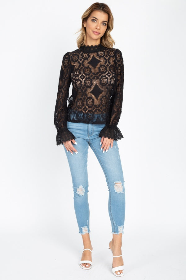 Sheer Floral & Geo Crochet Lace Top - Fashion Quality Boutik