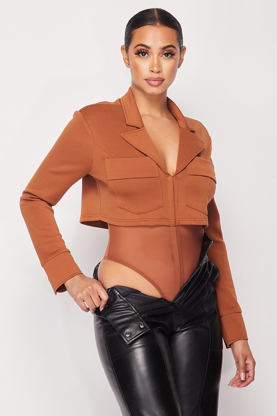 Deep-v Cropped Power Shoulder Blazer Bodysuit - Fashion Quality Boutik