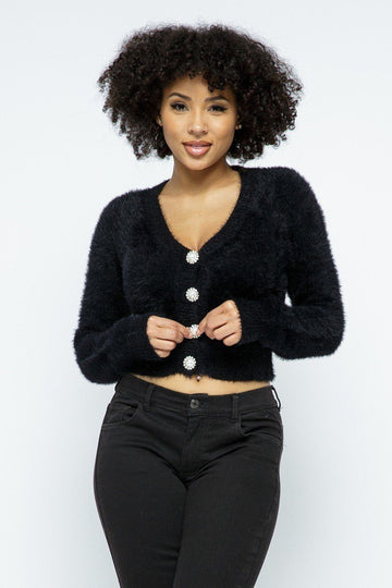 Eyelash Knit Cropped Cardigan With Pearl Button Details - Fashion Quality Boutik