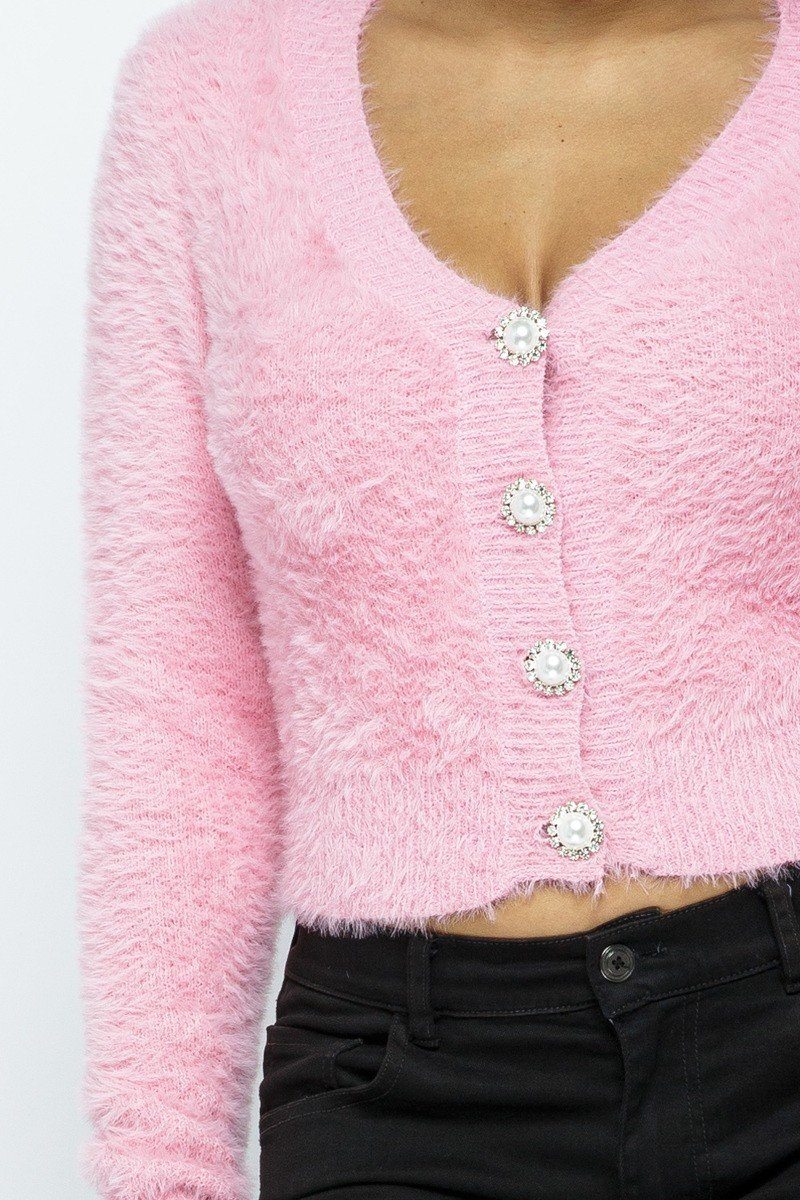Eyelash Knit Cropped Cardigan With Pearl Button Details - Fashion Quality Boutik