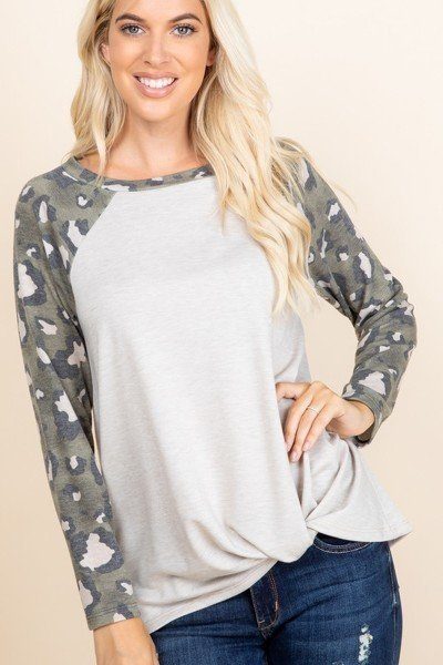 Casual French Terry Side Twist Top With Animal Print Long Sleeves - Fashion Quality Boutik