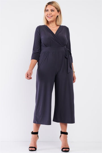 Plus Dark Grey Plunging V-neck Midi Sleeve Self-tie Waist Detail Wide Leg Midi Jumpsuit - Fashion Quality Boutik