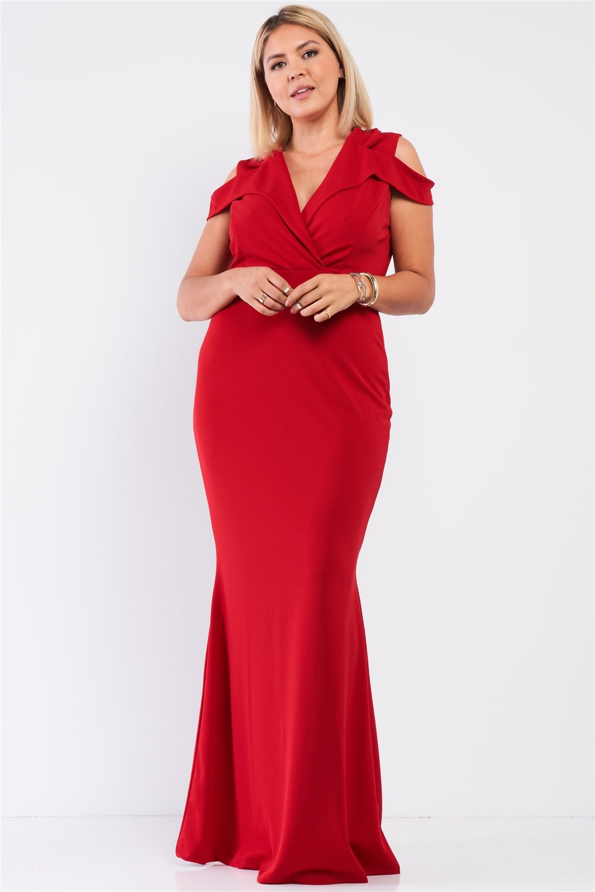 Plus Red Sleeveless Collared Plunging V-neck Maxi Dress - Fashion Quality Boutik