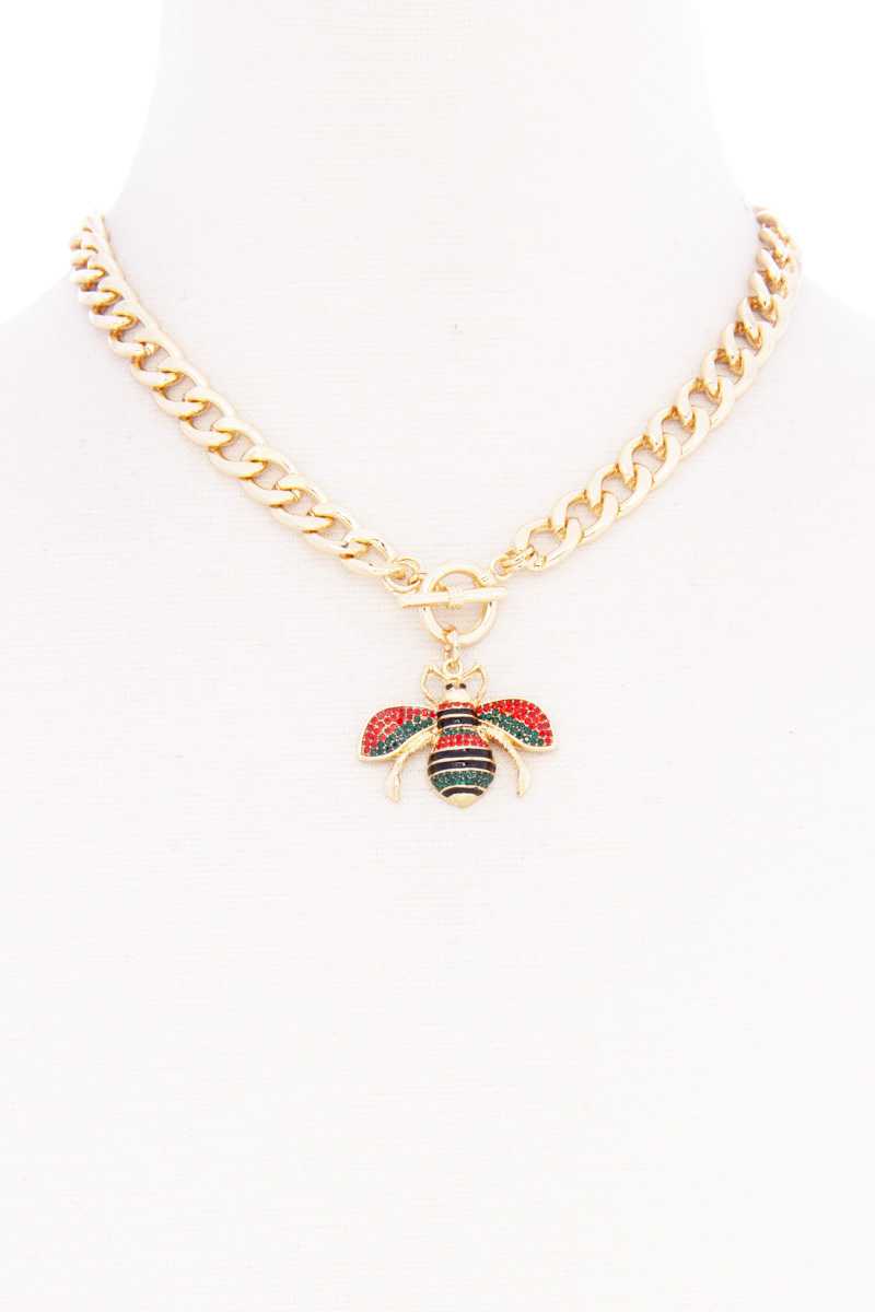 Rhinestone Bee Pendant Toggle Clasp Necklace - Fashion Quality Boutik
