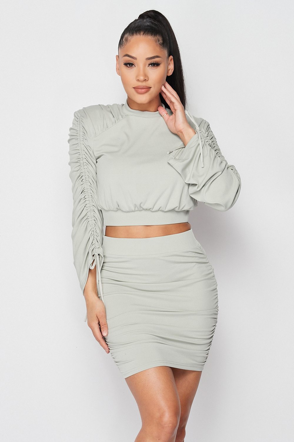 Ruched Long Sleeve And Skirt Set - Fashion Quality Boutik