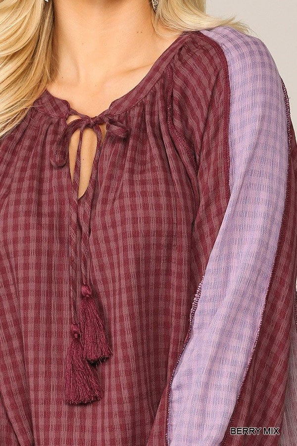 Textured Color Mixed Tassel Tie Peasant Top With Reverse Stitch Detail - Fashion Quality Boutik