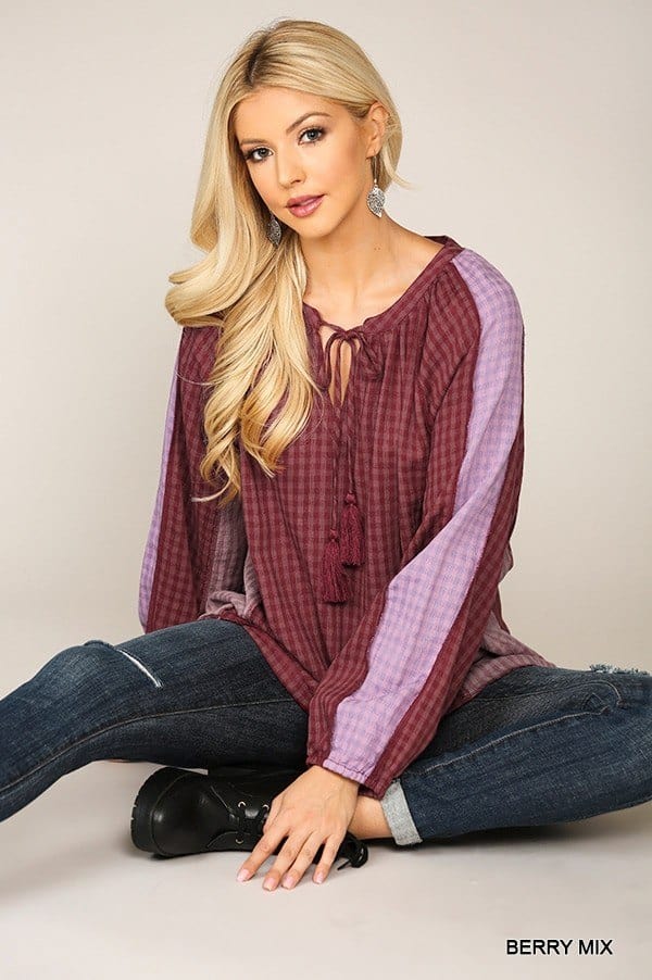 Textured Color Mixed Tassel Tie Peasant Top With Reverse Stitch Detail - Fashion Quality Boutik