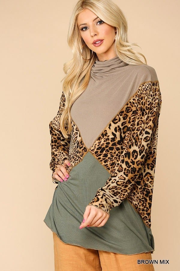 Solid And Animal Print Mixed Knit Turtleneck Top With Long Sleeves - Fashion Quality Boutik
