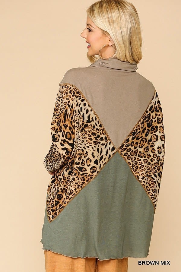 Solid And Animal Print Mixed Knit Turtleneck Top With Long Sleeves - Fashion Quality Boutik