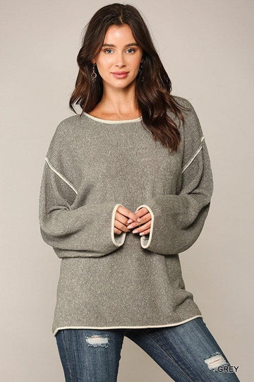Two-tone Sold Round Neck Sweater Top With Piping Detail - Fashion Quality Boutik