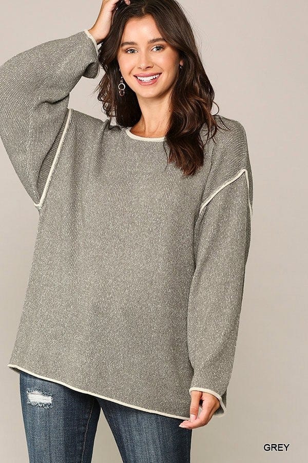 Two-tone Sold Round Neck Sweater Top With Piping Detail - Fashion Quality Boutik