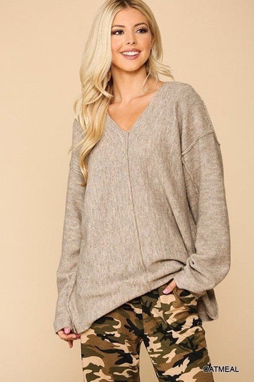 V-neck Solid Soft Sweater Top With Cut Edge - Fashion Quality Boutik