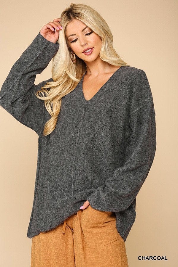 V-neck Solid Soft Sweater Top With Cut Edge - Fashion Quality Boutik