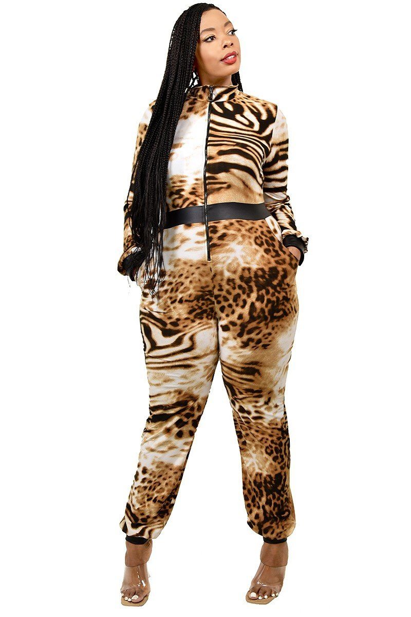 Plus Leopard Print Zipup Jumpsuit - Fashion Quality Boutik