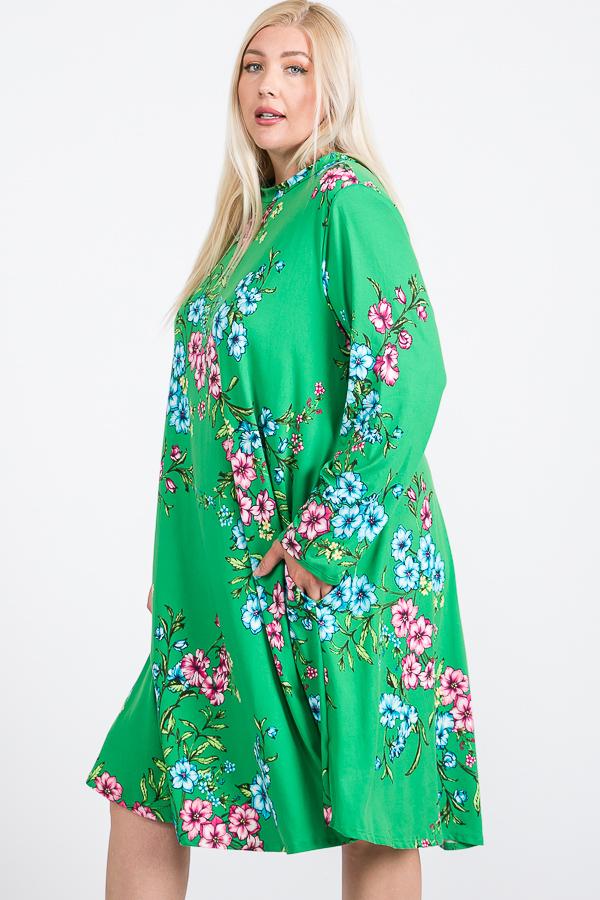 Floral Mock Neck Hidden Pocket Round Hem Midi Dress - Fashion Quality Boutik