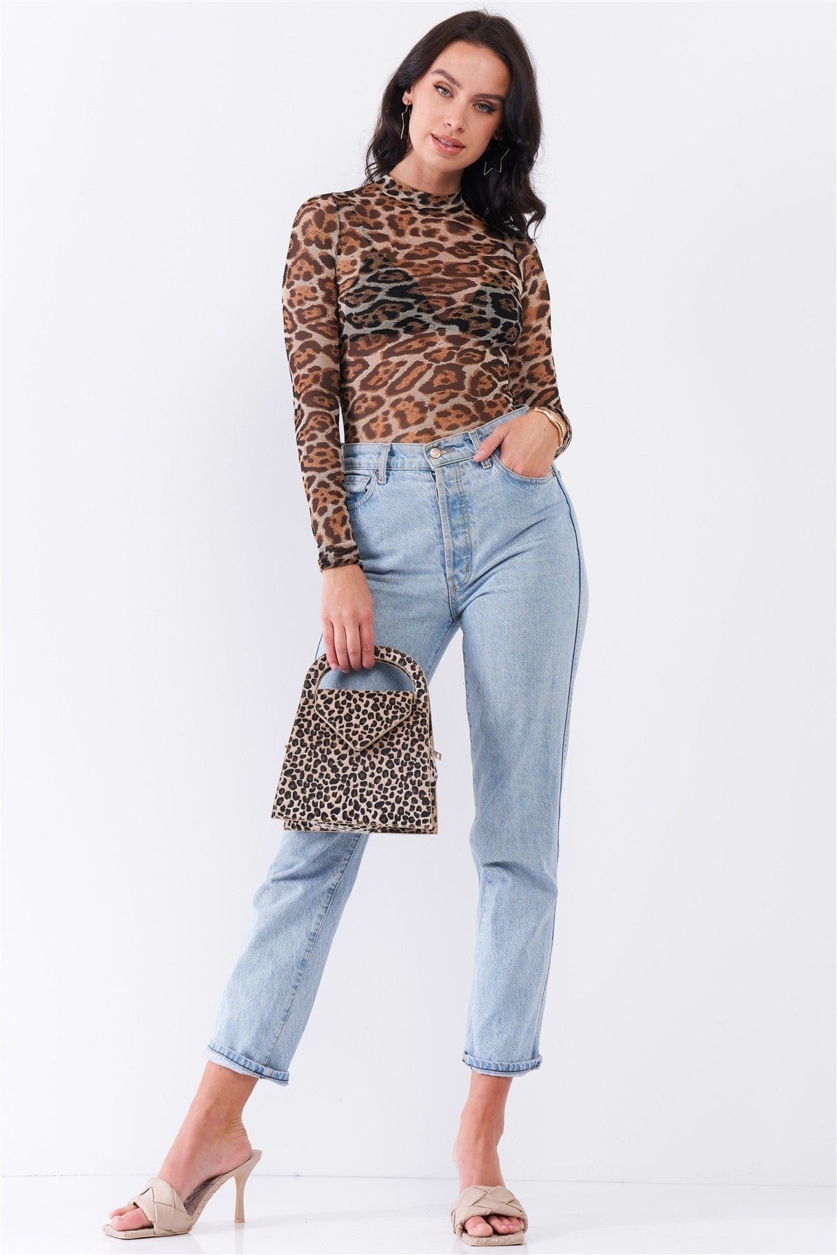 Taupe Brown Jaguar Print Sheer Mesh Mock Neck Long Sleeve Bodysuit - Fashion Quality Boutik