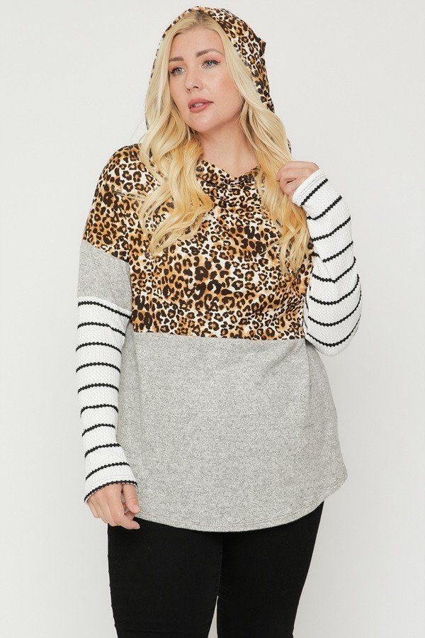 Plus Size Color Block Hoodie Featuring A Cheetah Print - Fashion Quality Boutik