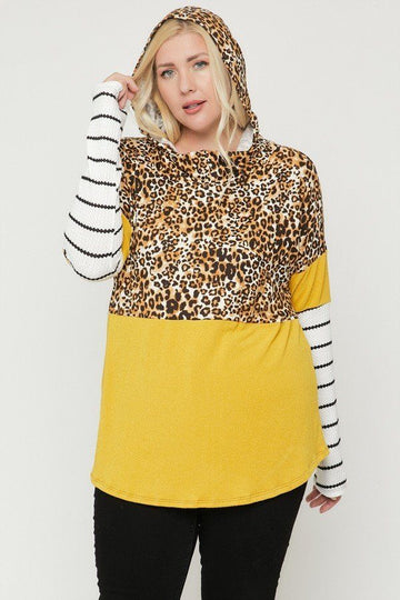 Plus Size Color Block Hoodie Featuring A Cheetah Print - Fashion Quality Boutik