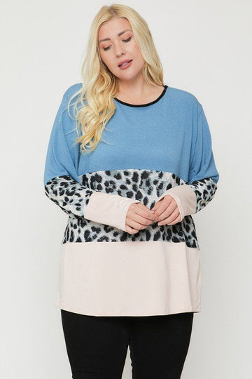 Plus Size Color Block Top Featuring A Leopard Print Top - Fashion Quality Boutik