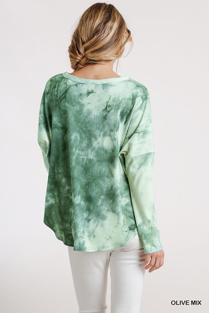 Tie Dye Round Neck Ribbed Button Front Top With Round Hem - Fashion Quality Boutik