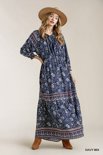 Paisley Print Smocked Ruffle Cuff Sleeve Elastic Waist Maxi Dress With Front String Tie - Fashion Quality Boutik
