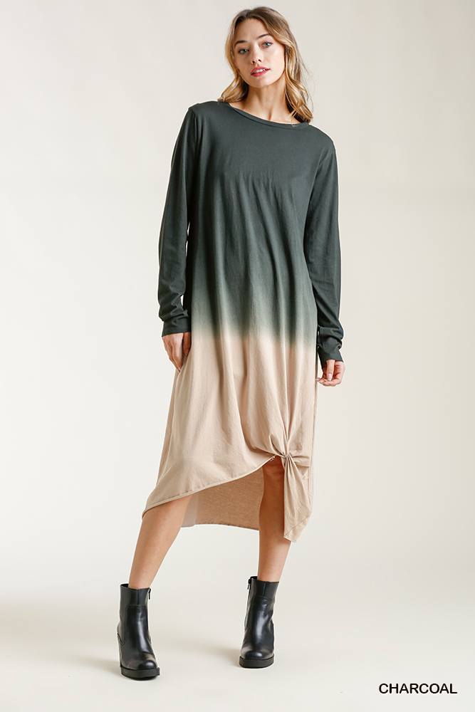 Ombre Front Knot Detail Long Sleeve Maxi Dress With Raw Hem - Fashion Quality Boutik