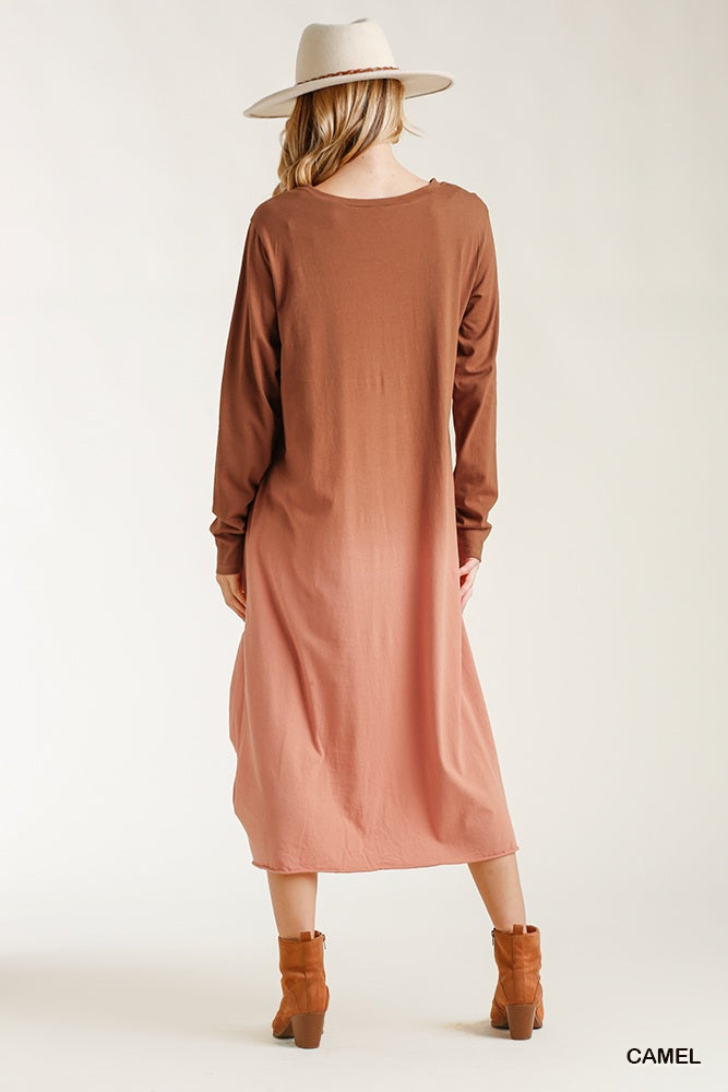 Ombre Front Knot Detail Long Sleeve Maxi Dress With Raw Hem - Fashion Quality Boutik